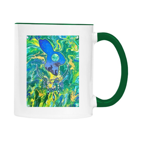 Hrnček malý farebný s potlačou Králik – Mystický zvierací motív mesiaca a hviezd